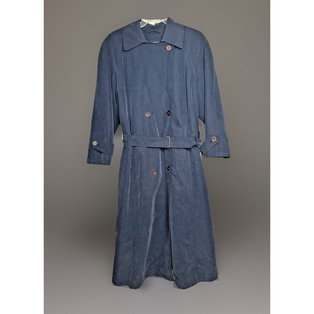 Vtg Jones New York Blue Double Breasted Runway Trench Coat Belted Zip Lining M